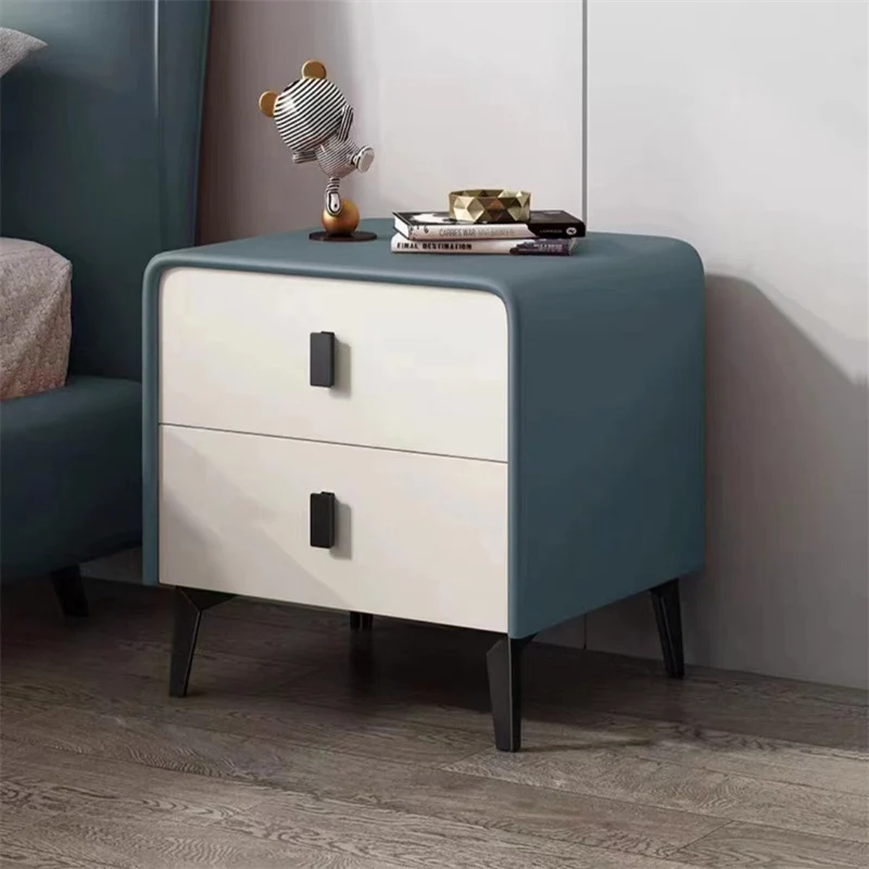 Contemporary Scandinavian Microfiber Leather Eco-Friendly Engineered Carbon Steel Rounded Square Nightstand With 2 Drawers For Bedroom