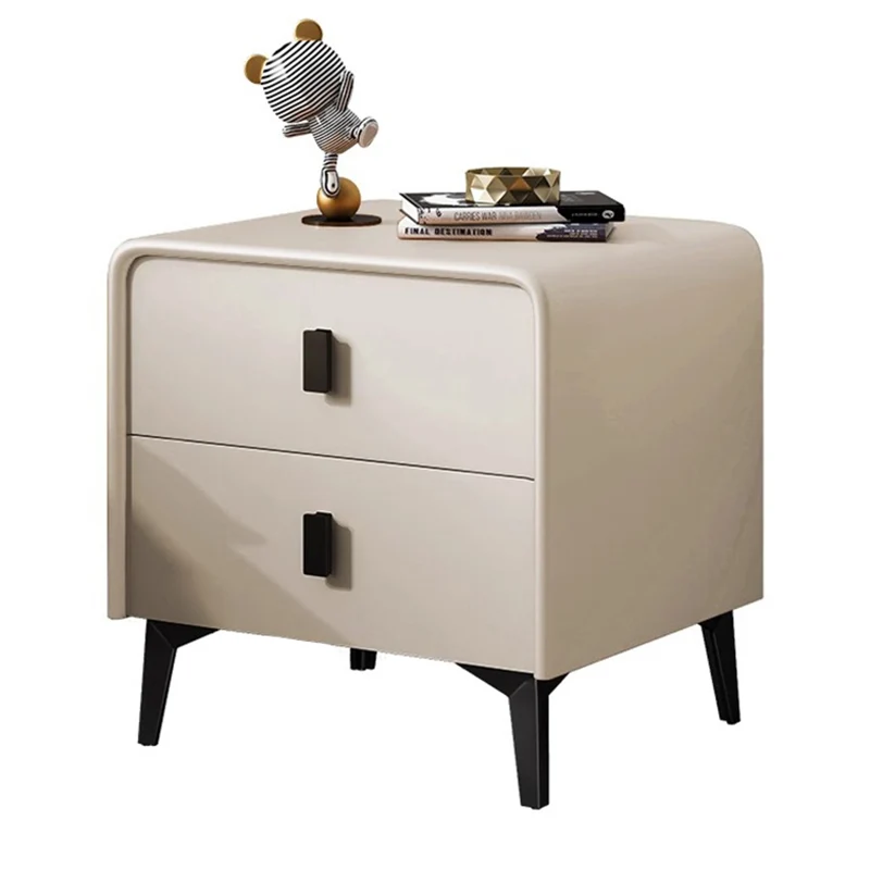 Contemporary Scandinavian Microfiber Leather Eco-Friendly Engineered Carbon Steel Rounded Square Nightstand With 2 Drawers For Bedroom