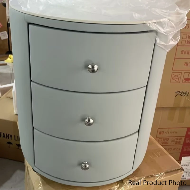 Modern Luxury Microfiber Leather Pine Sintered Stone Glass Round Cylindrical Nightstand 2 Drawers For Bedroom