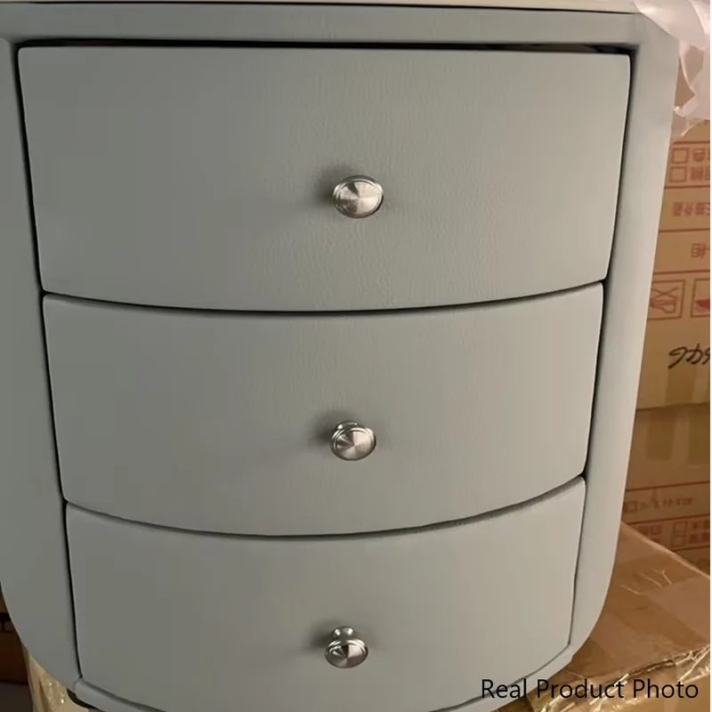Modern Luxury Microfiber Leather Pine Sintered Stone Glass Round Cylindrical Nightstand 2 Drawers For Bedroom