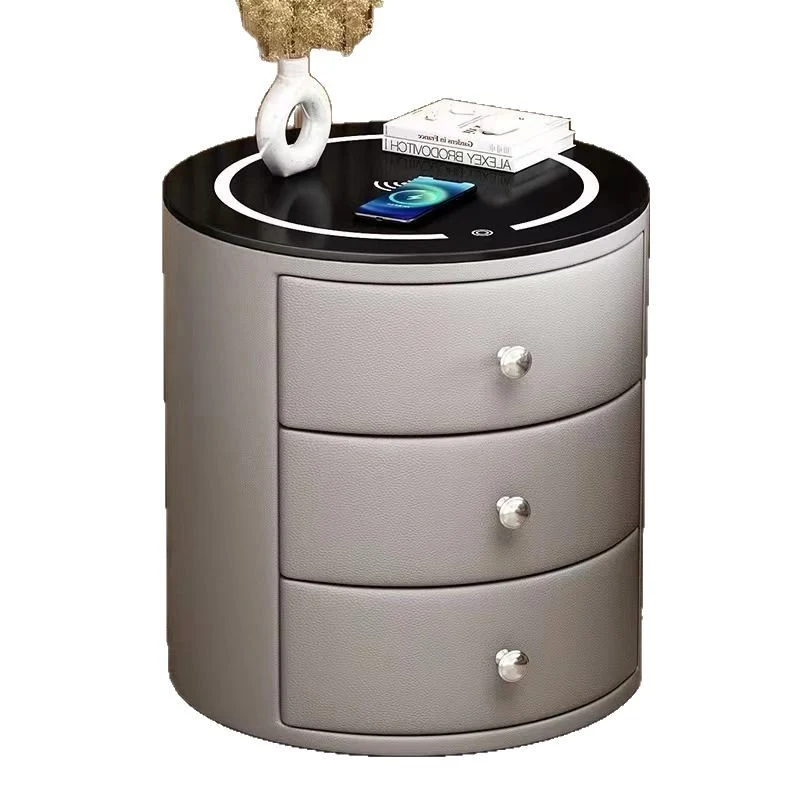 Modern Luxury Microfiber Leather Pine Sintered Stone Glass Round Cylindrical Nightstand 2 Drawers For Bedroom