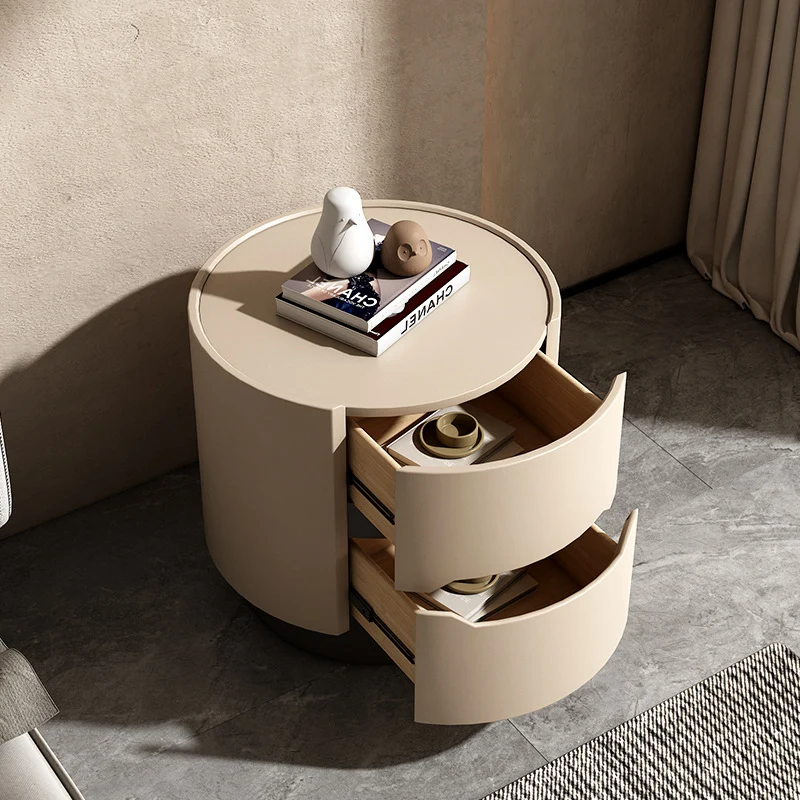 Traditional French Solid Wood Round Cylindrical Nightstand With 2 Drawers For Bedroom