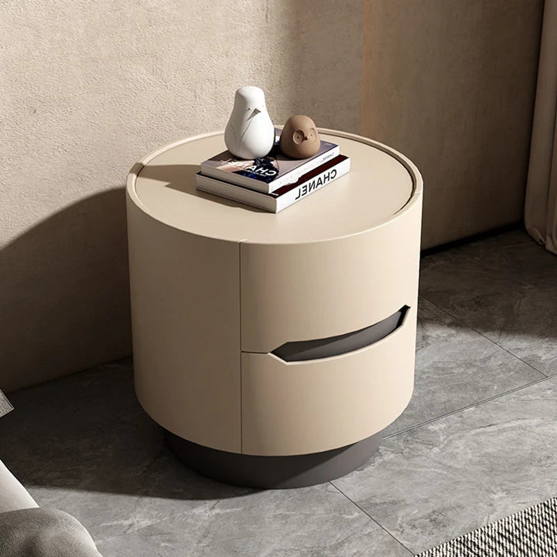 Traditional French Solid Wood Round Cylindrical Nightstand With 2 Drawers For Bedroom