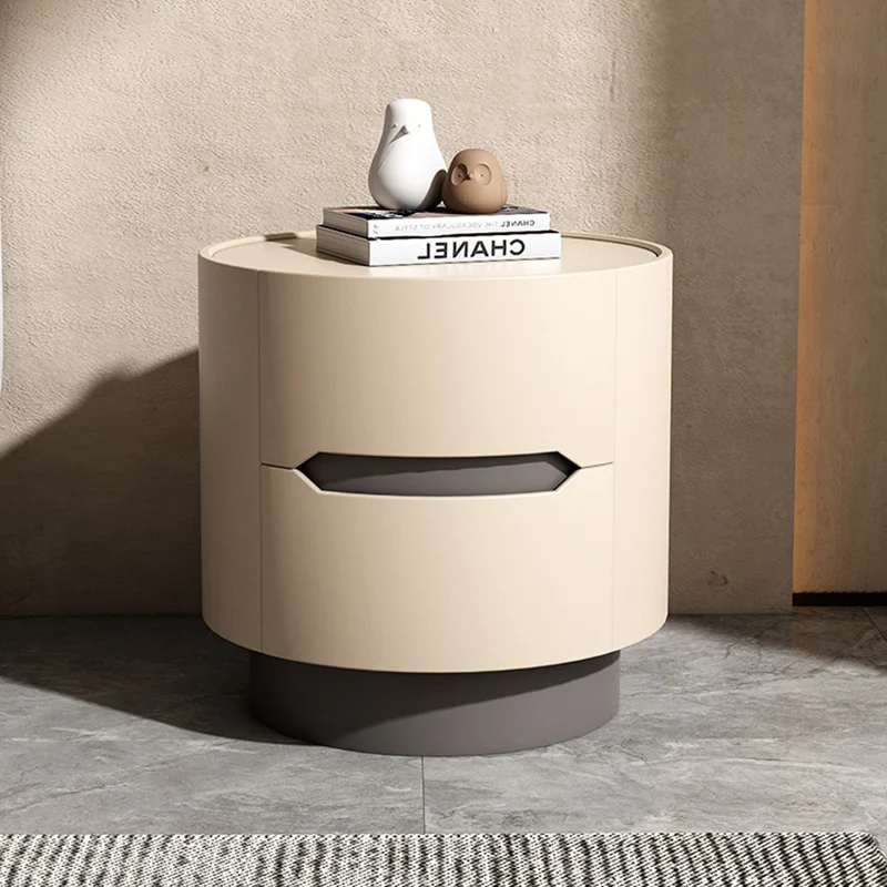 Traditional French Solid Wood Round Cylindrical Nightstand With 2 Drawers For Bedroom