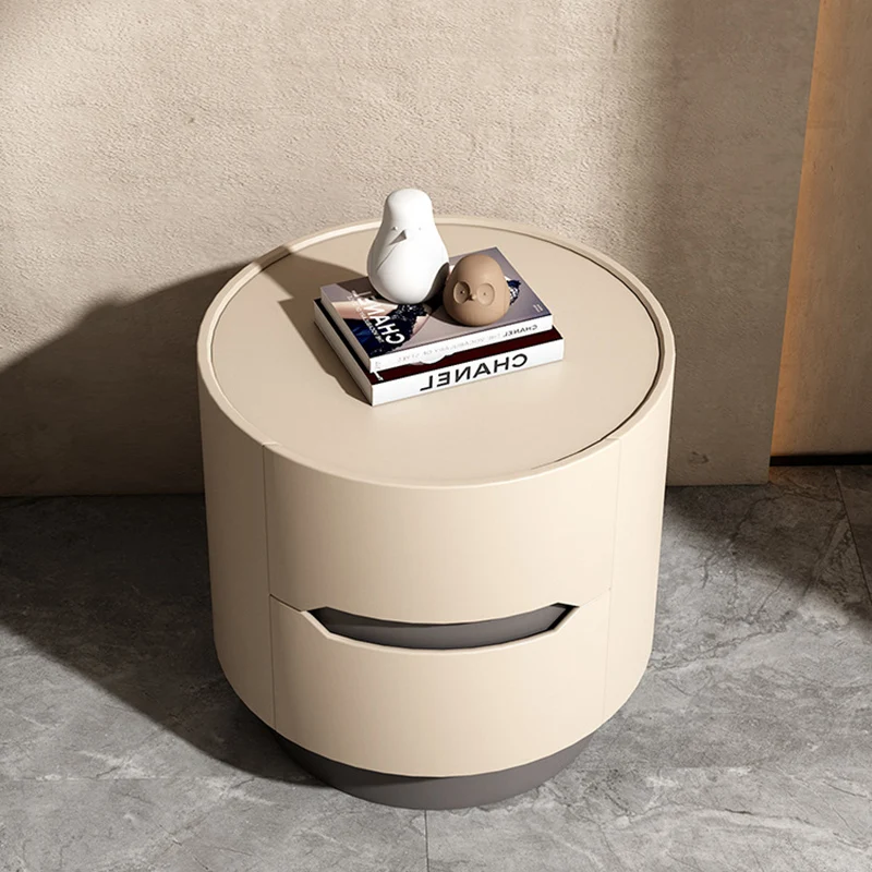 Traditional French Solid Wood Round Cylindrical Nightstand With 2 Drawers For Bedroom