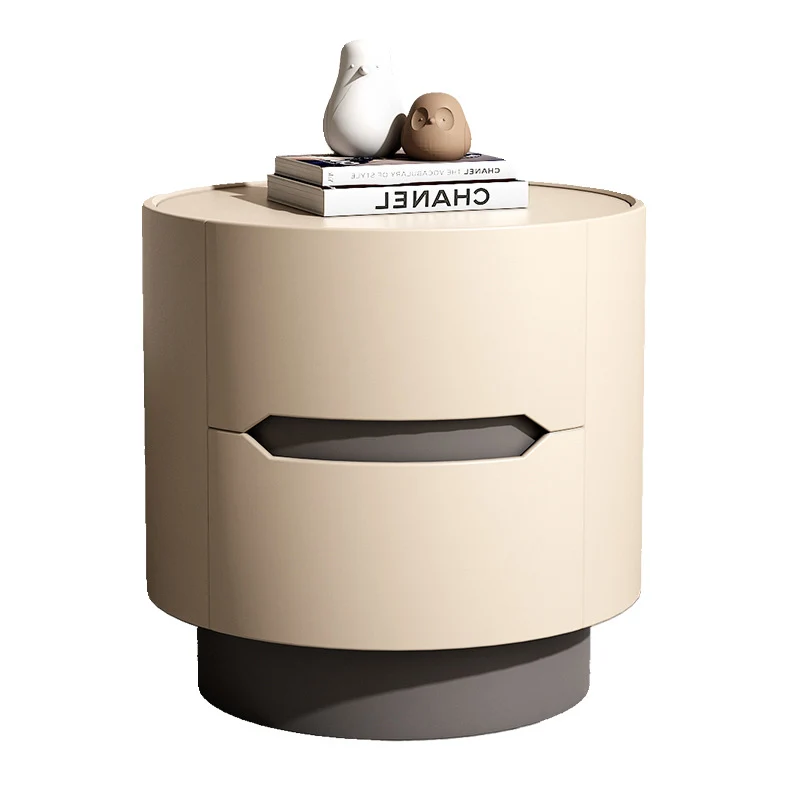 Traditional French Solid Wood Round Cylindrical Nightstand With 2 Drawers For Bedroom