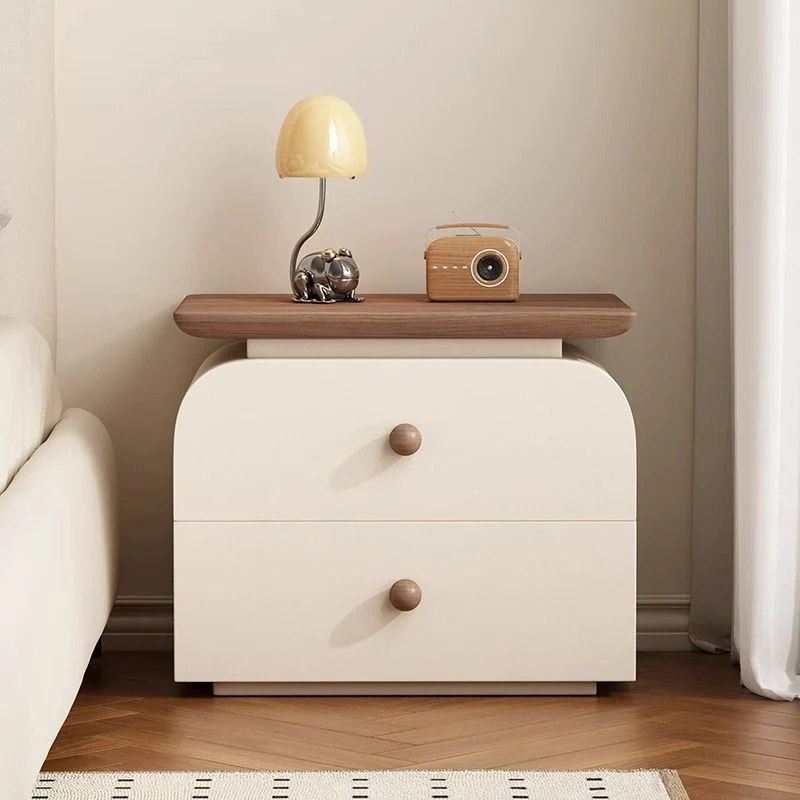Traditional French Microfiber Leather Solid Wood Metal Rounded Square Nightstand With 2 Drawers For Bedroom