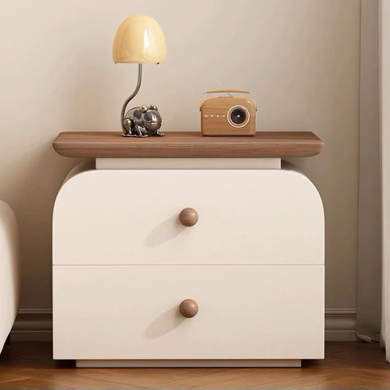 Traditional French Microfiber Leather Solid Wood Metal Rounded Square Nightstand With 2 Drawers For Bedroom