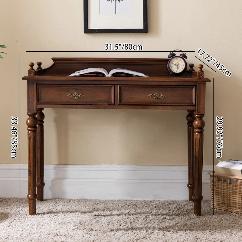 Traditional Vintage Rubberwood Veneered Plywood Metal Rectangle Carved Desk 2-Drawer For Bedroom