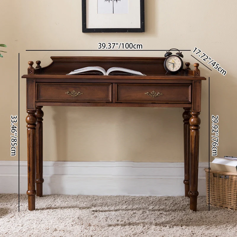 Traditional Vintage Rubberwood Veneered Plywood Metal Rectangle Carved Desk 2-Drawer For Bedroom