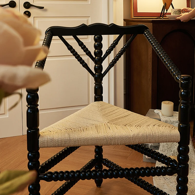 Traditional Vintage Solid Wood Kraft Paper Rope Vanity Stool Backrest Armrest For Living Room