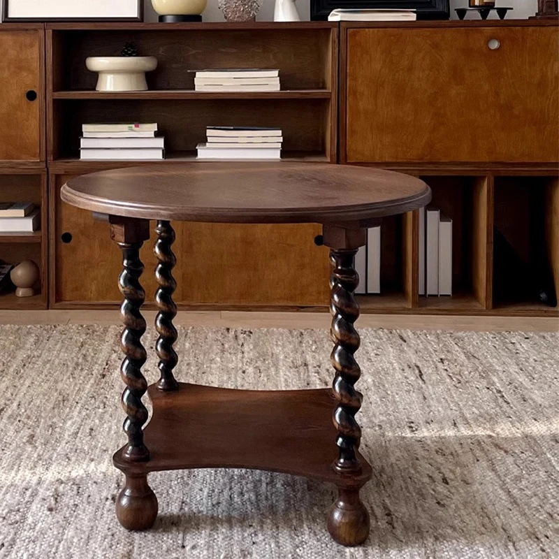 Traditional French Round Solid Wood & Plywood Vintage Brown Side Table For Small Space 2-Tier For Living Room