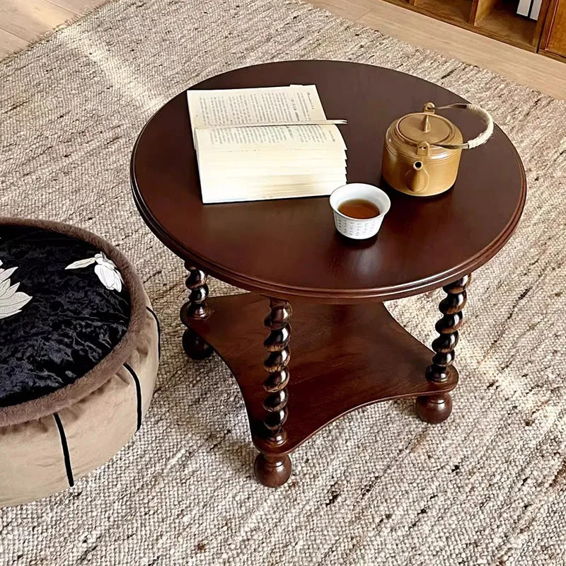 Traditional French Round Solid Wood & Plywood Vintage Brown Side Table For Small Space 2-Tier For Living Room