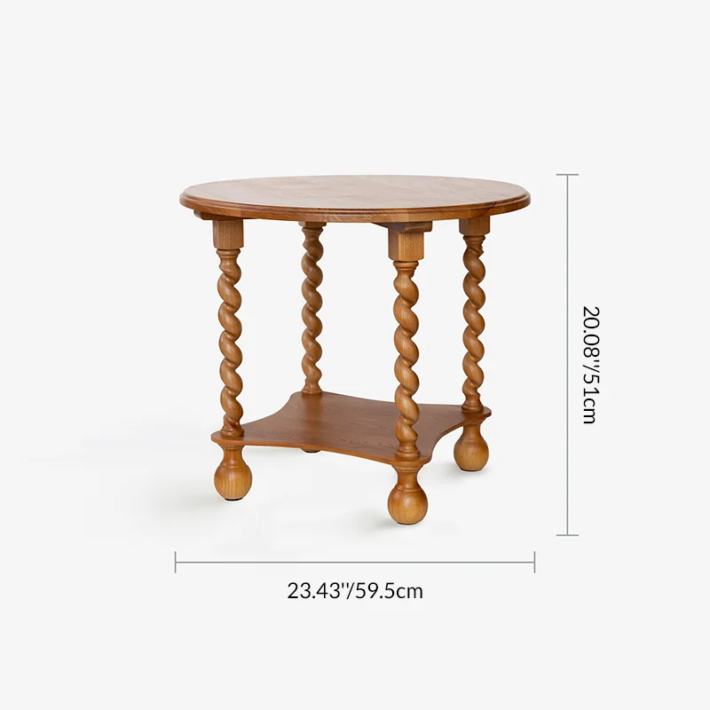 Traditional French Round Solid Wood & Plywood Vintage Brown Side Table For Small Space 2-Tier For Living Room