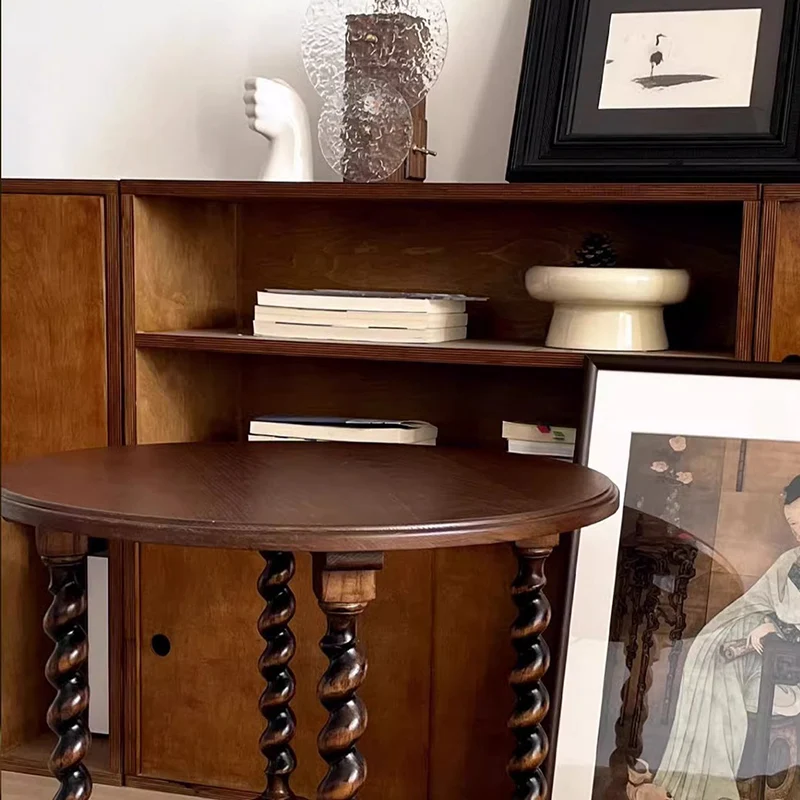 Traditional French Round Solid Wood & Plywood Vintage Brown Side Table For Small Space 2-Tier For Living Room