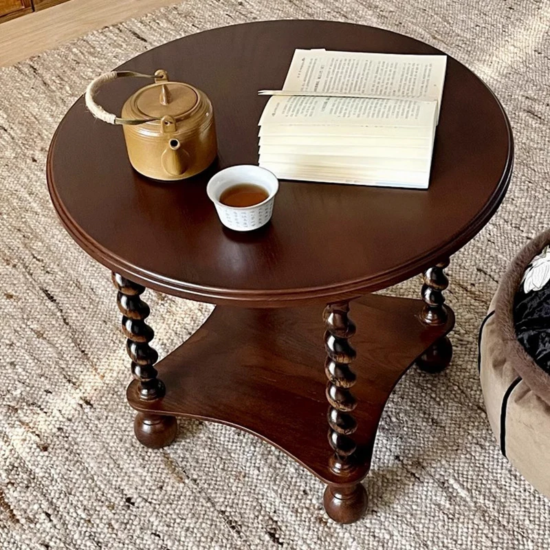 Traditional French Round Solid Wood & Plywood Vintage Brown Side Table For Small Space 2-Tier For Living Room