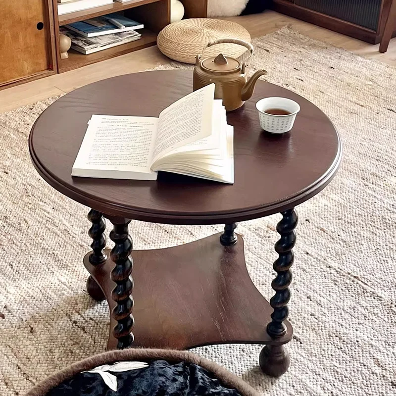 Traditional French Round Solid Wood & Plywood Vintage Brown Side Table For Small Space 2-Tier For Living Room