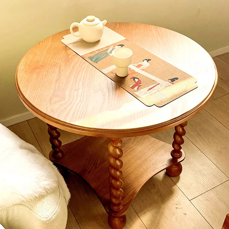 Traditional French Round Solid Wood & Plywood Vintage Brown Side Table For Small Space 2-Tier For Living Room