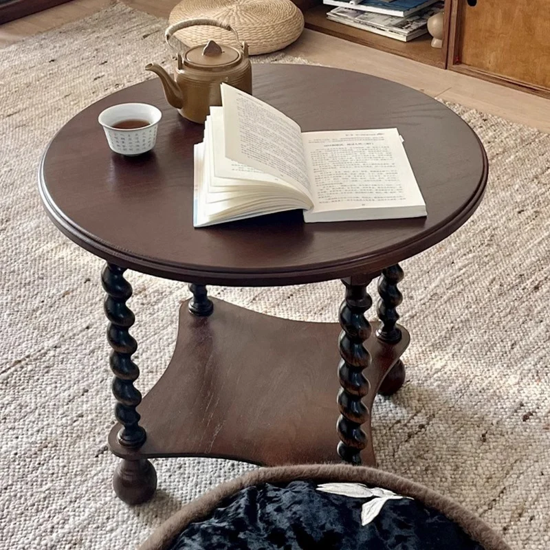 Traditional French Round Solid Wood & Plywood Vintage Brown Side Table For Small Space 2-Tier For Living Room