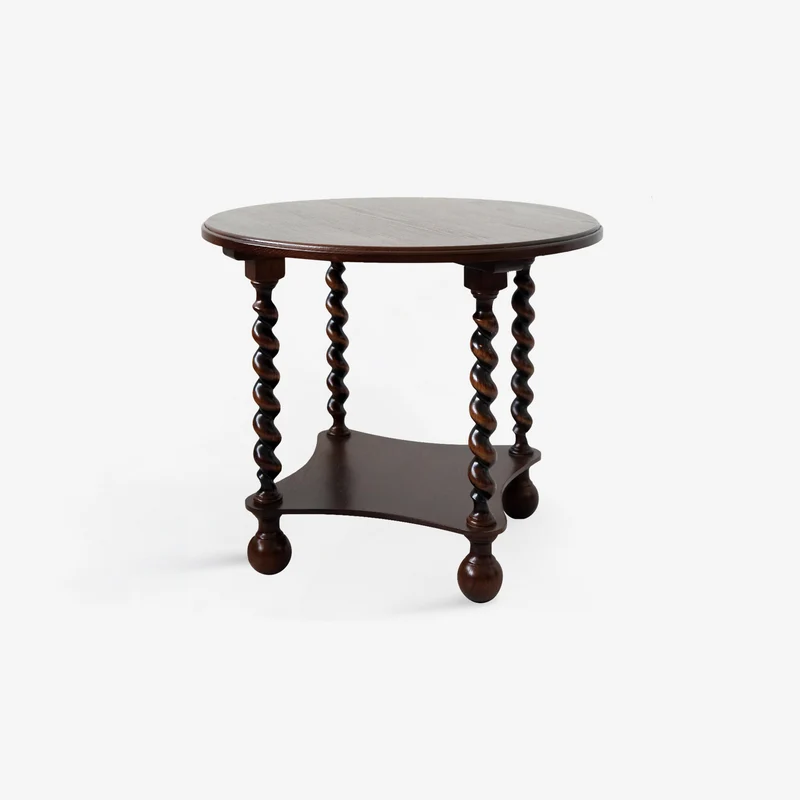Traditional French Round Solid Wood & Plywood Vintage Brown Side Table For Small Space 2-Tier For Living Room