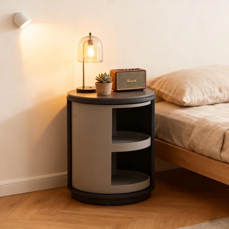 Industrial Rotating Nightstand - Round Skin-Friendly Baking Paint Bedside Table 3-Tier For Bedroom & Living Room