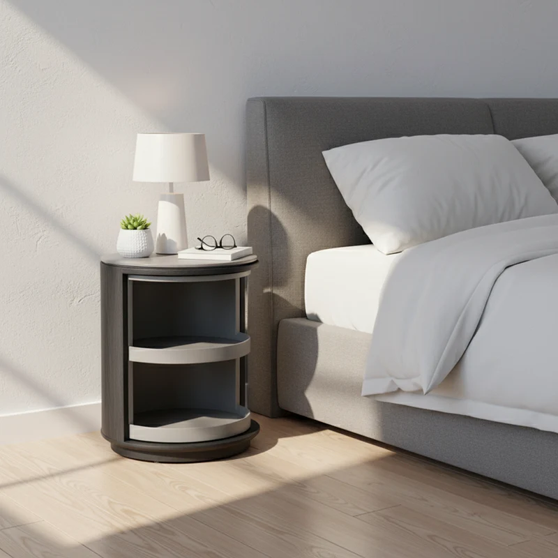 Industrial Rotating Nightstand - Round Skin-Friendly Baking Paint Bedside Table 3-Tier For Bedroom & Living Room