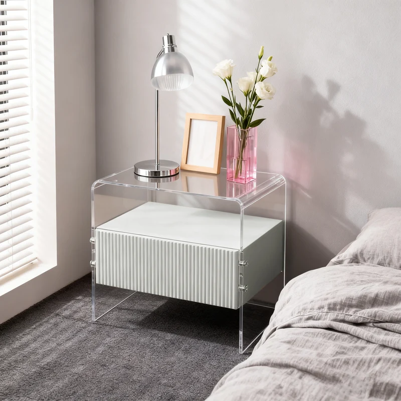 Transparent Acrylic Nightstand - Minimalist Sturdy U-Shaped Support Legs Bedside Table 1-Drawer For Bedroom & Living Room