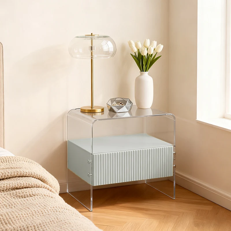 Transparent Acrylic Nightstand - Minimalist Sturdy U-Shaped Support Legs Bedside Table 1-Drawer For Bedroom & Living Room