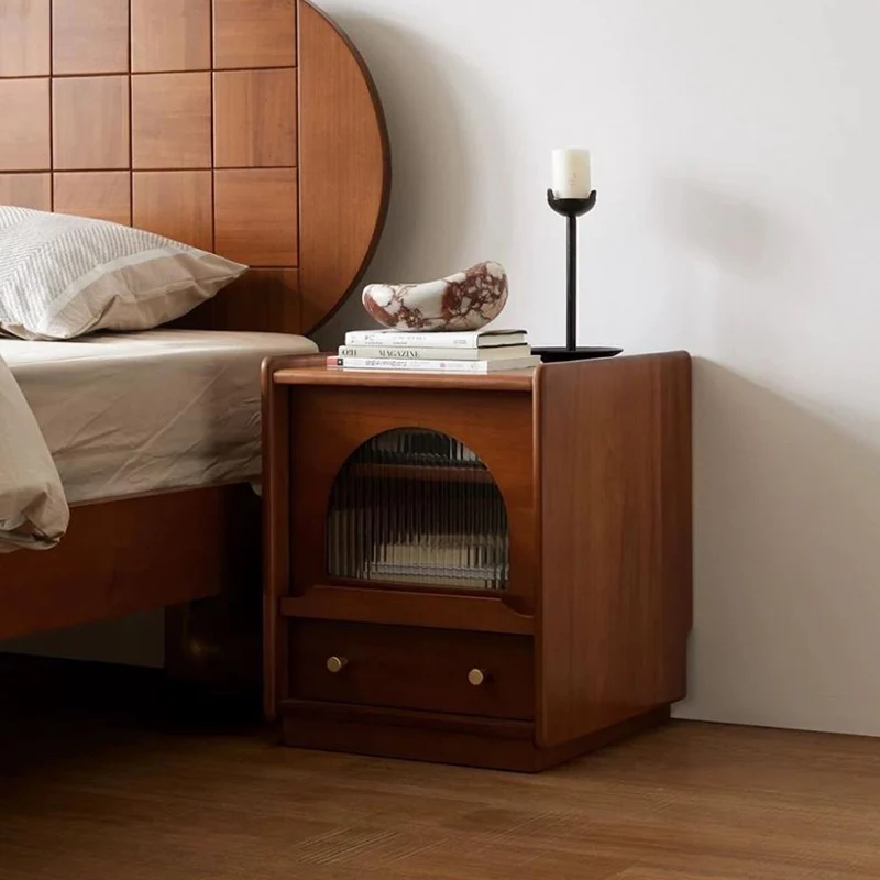 Traditional Vintage Square Rectangular Cherry Wood Pine Wood Glass Nightstand With 2-Drawer For Bedroom