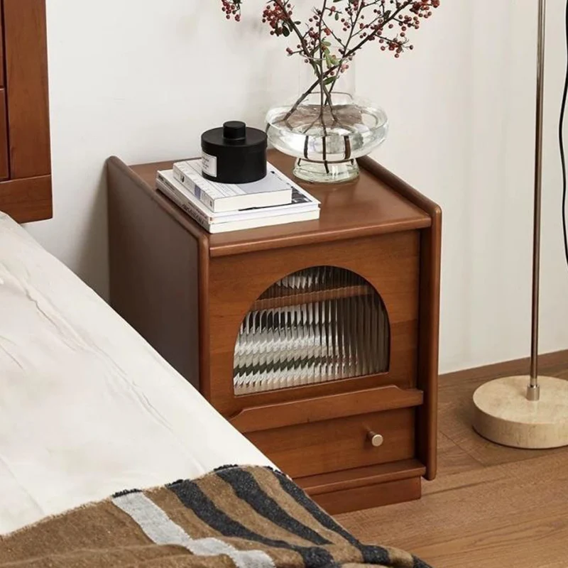 Traditional Vintage Square Rectangular Cherry Wood Pine Wood Glass Nightstand With 2-Drawer For Bedroom