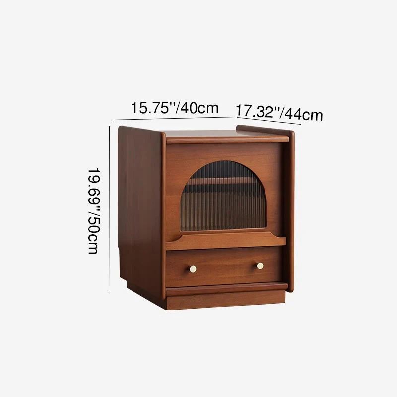 Traditional Vintage Square Rectangular Cherry Wood Pine Wood Glass Nightstand With 2-Drawer For Bedroom