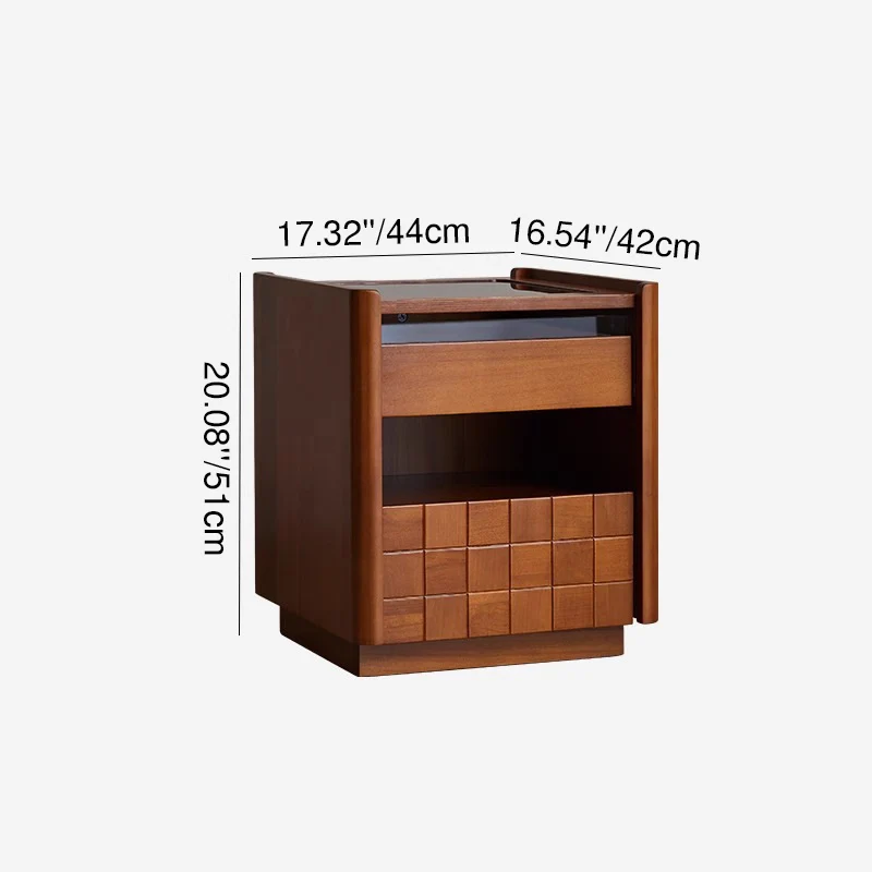 Traditional Vintage Square Rectangular Cherry Wood Pine Wood Glass Nightstand With 2-Drawer For Bedroom