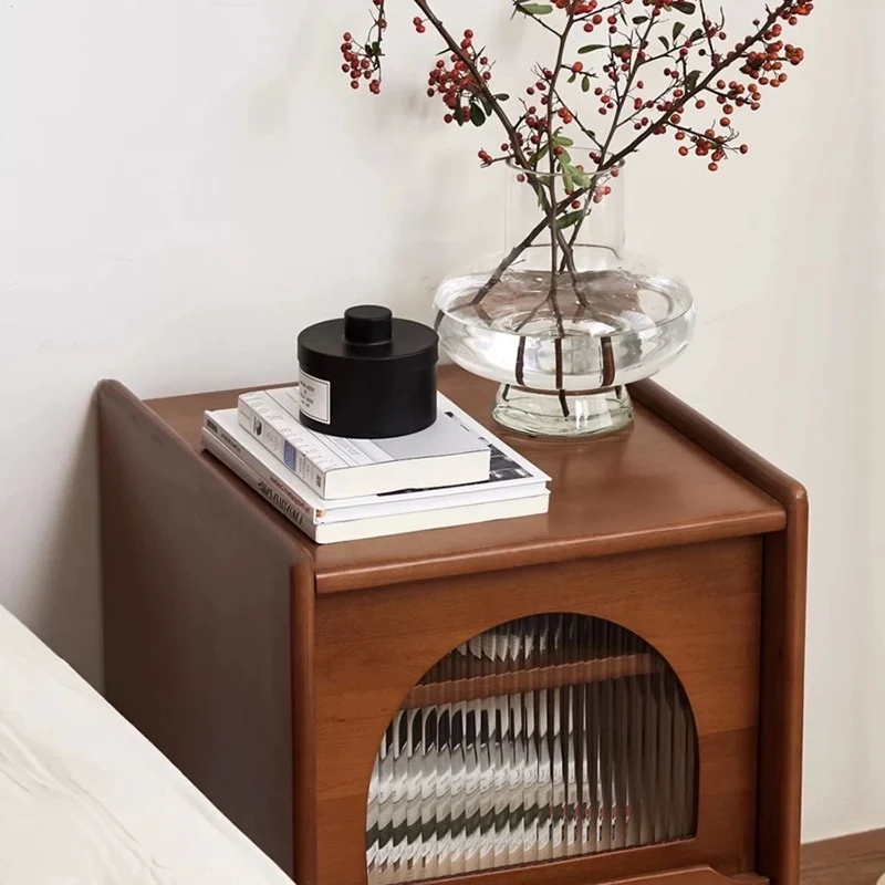 Traditional Vintage Square Rectangular Cherry Wood Pine Wood Glass Nightstand With 2-Drawer For Bedroom