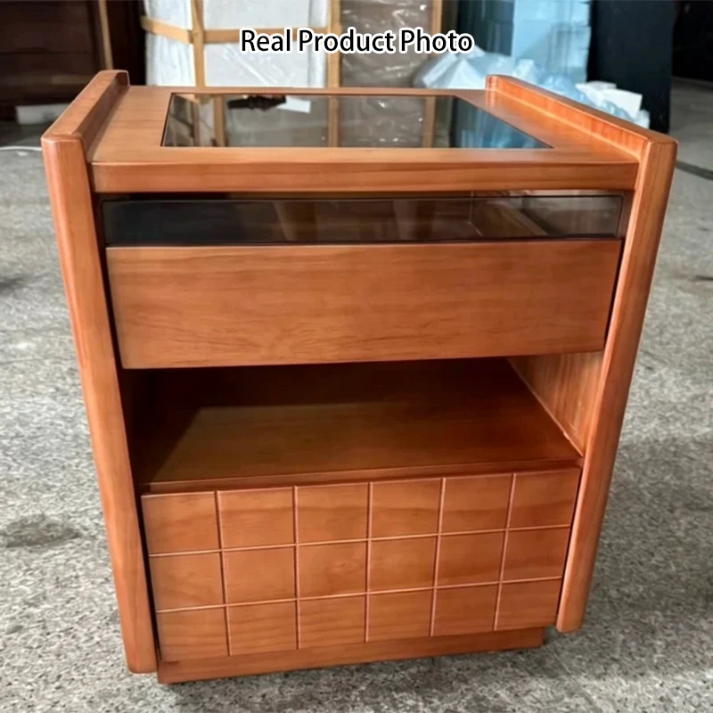 Traditional Vintage Square Rectangular Cherry Wood Pine Wood Glass Nightstand With 2-Drawer For Bedroom