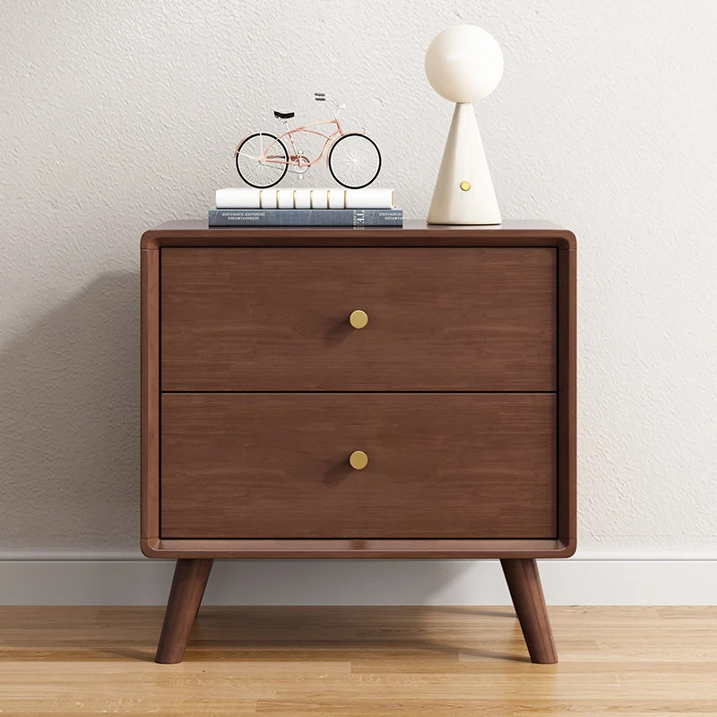 Modern Minimalist Square Rectangular Rubberwood Solid Wood Plywood Nightstand With 2-Drawer For Bedroom