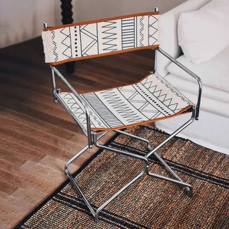 Bohemian Woven Folding Director’s Chair - Handmade Tribal Blanket Fabric & Chrome Frame Accent Chair For Outdoor Patio