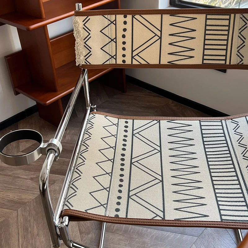 Bohemian Woven Folding Director’s Chair - Handmade Tribal Blanket Fabric & Chrome Frame Accent Chair For Outdoor Patio