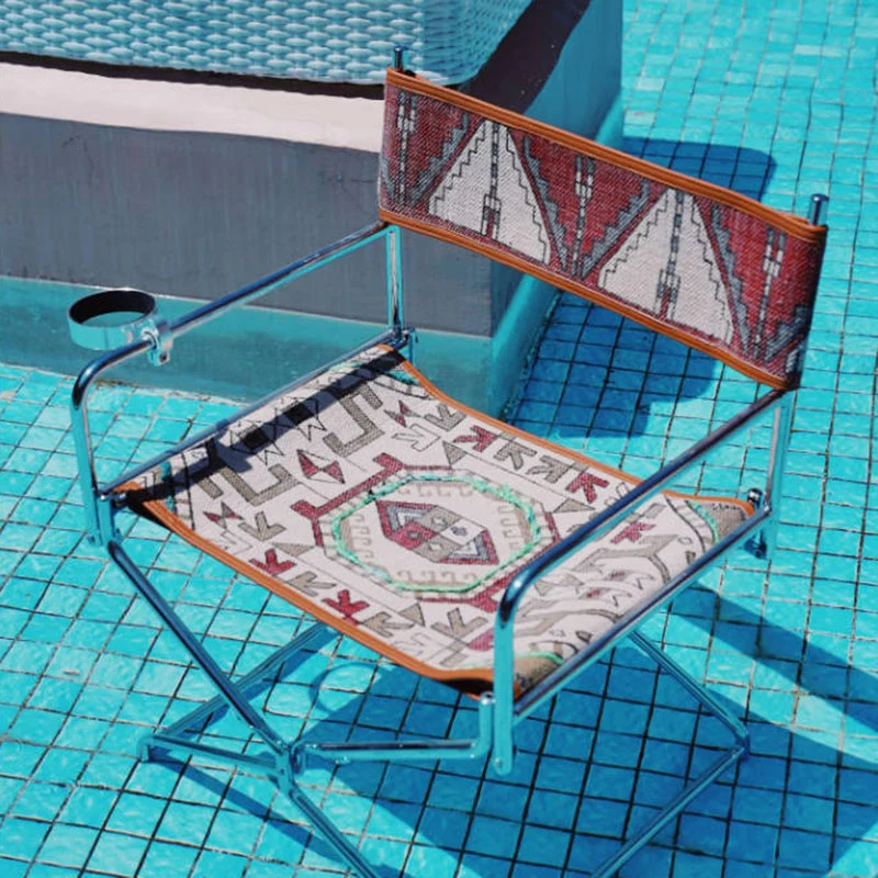 Bohemian Woven Folding Director’s Chair - Handmade Tribal Blanket Fabric & Chrome Frame Accent Chair For Outdoor Patio