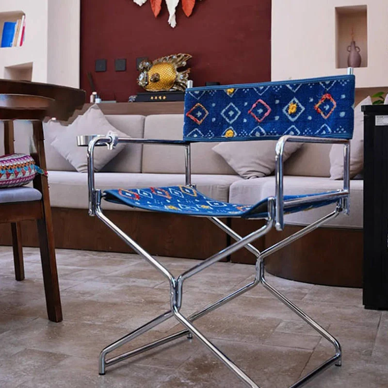 Bohemian Woven Folding Director’s Chair - Handmade Tribal Blanket Fabric & Chrome Frame Accent Chair For Outdoor Patio