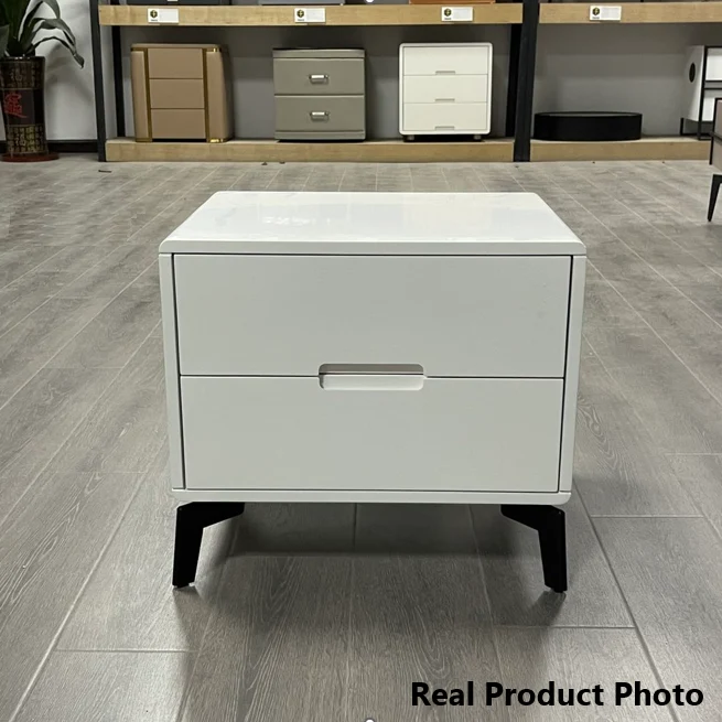 Modern Minimalist Carbon Steel Frame Nightstand - Lacquered Veneered Plywood 2-Drawers Bedside Table For Bedroom