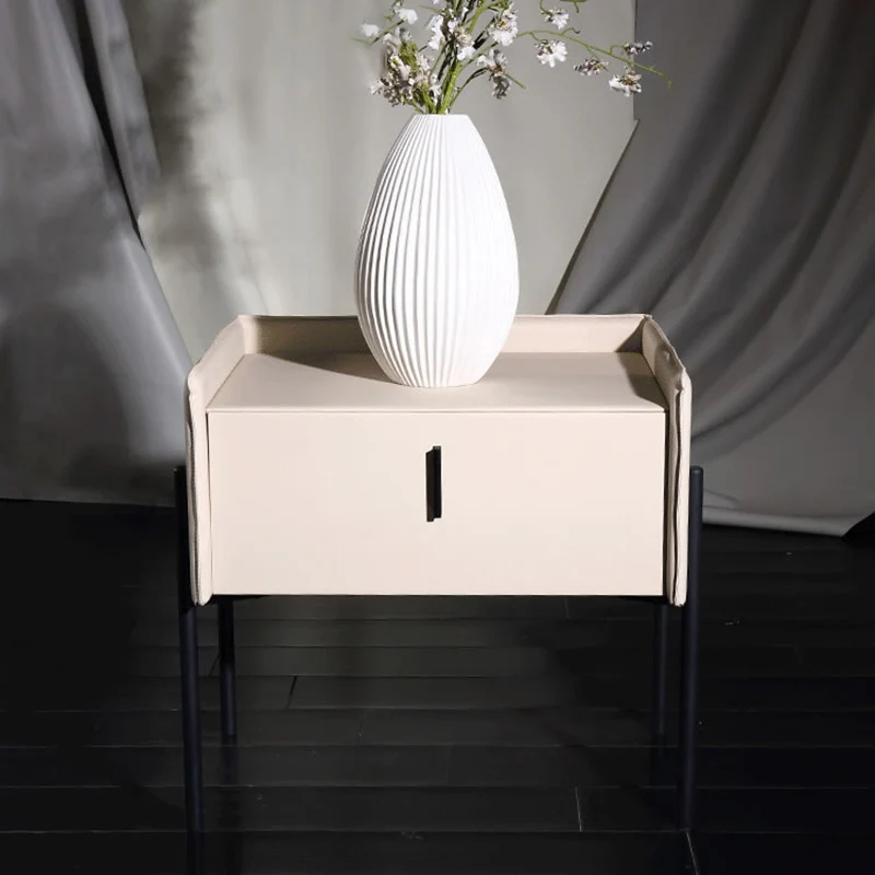 Modern Minimalist Veneered Plywood Nightstand - Matte Black Frame 1-Drawer Bedside Table For Bedroom