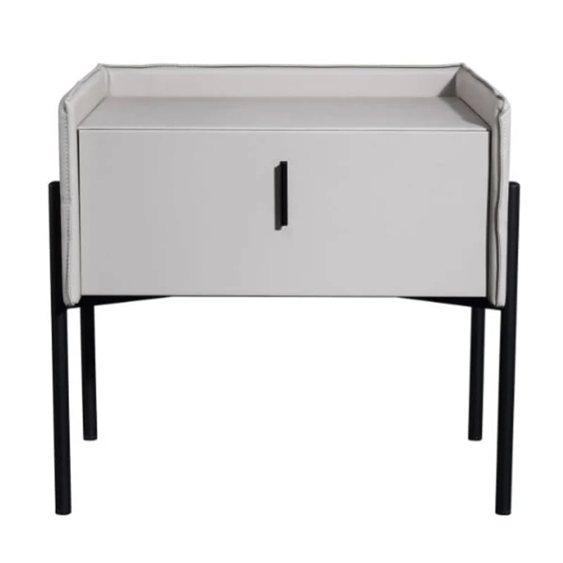 Modern Minimalist Veneered Plywood Nightstand - Matte Black Frame 1-Drawer Bedside Table For Bedroom