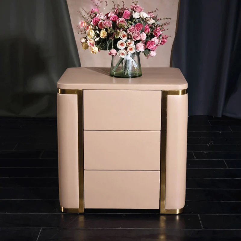 Modern Luxury Faux Leather Gold Metal Trim Nightstand - 3 Drawer Bedside Table For Bedroom