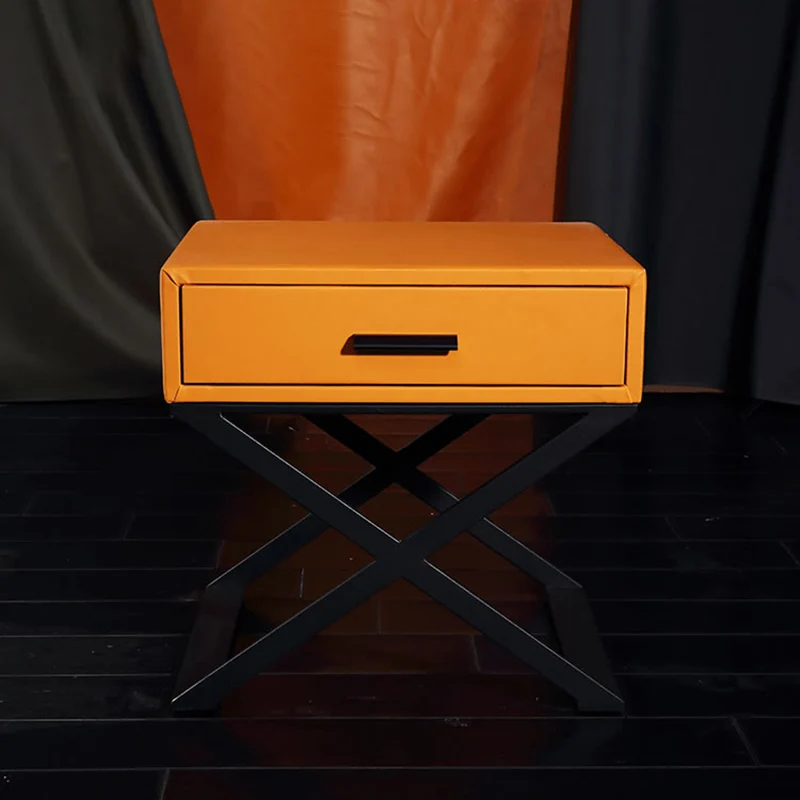 Contemporary Industrial X-Shaped Bedside Table - Veneered Plywood 1-Drawer Nightstand For Bedroom