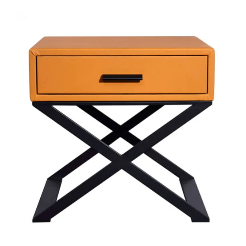 Contemporary Industrial X-Shaped Bedside Table - Veneered Plywood 1-Drawer Nightstand For Bedroom