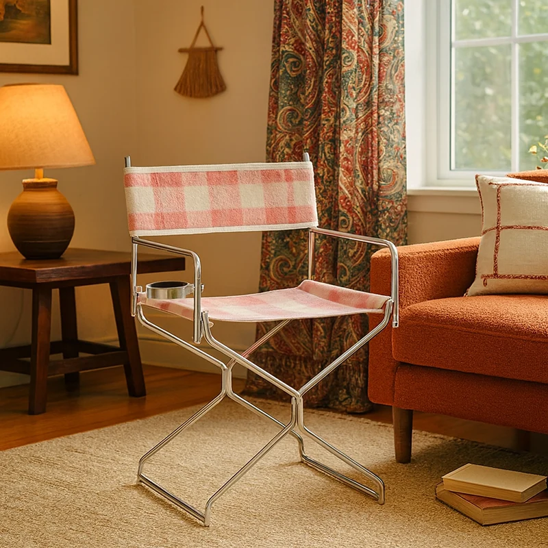 Art Deco Inspired Woven Folding Director’s Chair - Retro Plaid Fabric Portable Accent Chair For Outdoor Patio