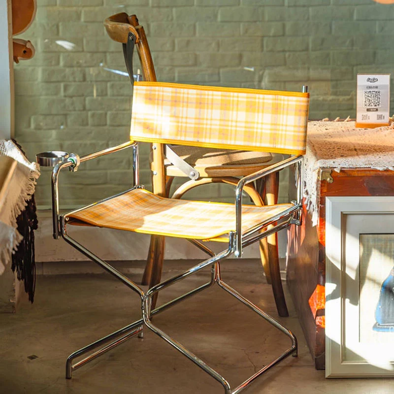Art Deco Inspired Woven Folding Director’s Chair - Retro Plaid Fabric Portable Accent Chair For Outdoor Patio