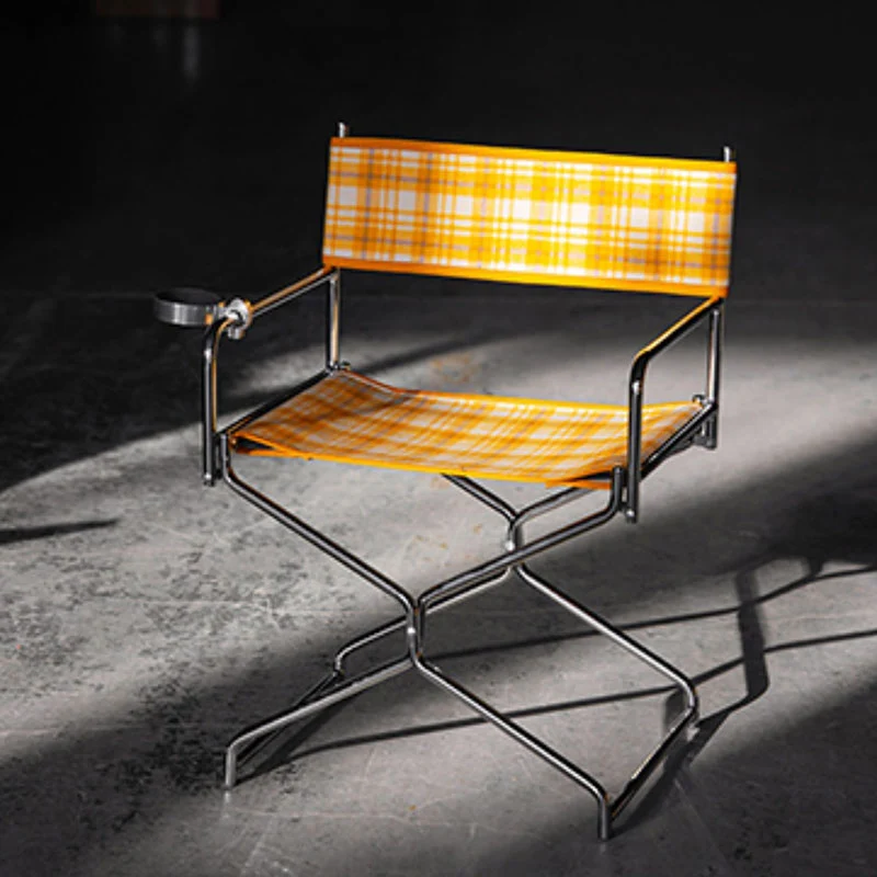 Art Deco Inspired Woven Folding Director’s Chair - Retro Plaid Fabric Portable Accent Chair For Outdoor Patio