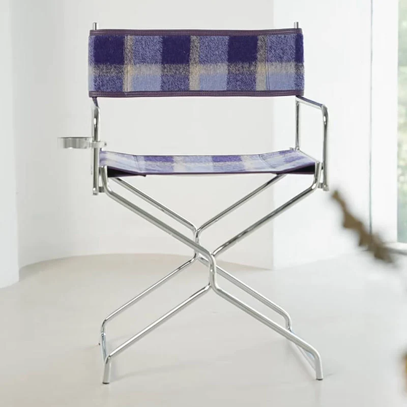Art Deco Inspired Woven Folding Director’s Chair - Retro Plaid Fabric Portable Accent Chair For Outdoor Patio