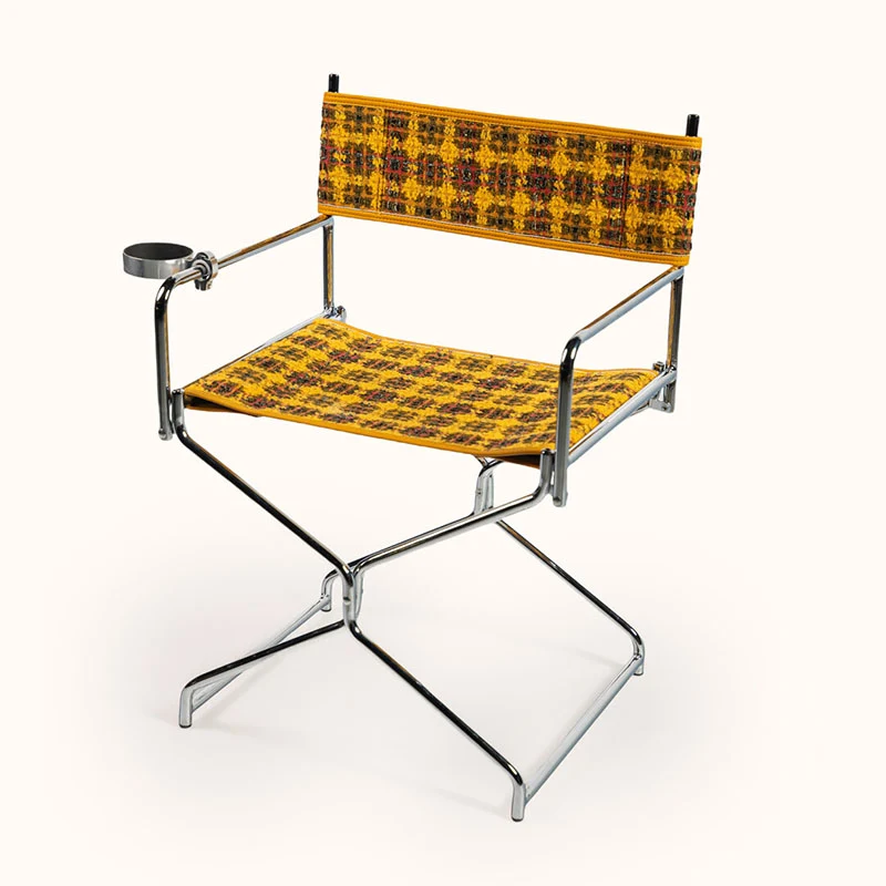 Art Deco Inspired Woven Folding Director’s Chair - Retro Plaid Fabric Portable Accent Chair For Outdoor Patio